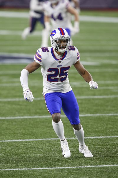 Buffalo Bills running back Taiwan Jones (25) during the first half of an NFL football game against the New England Patriots, Monday, Dec. 28, 2020, in Foxborough, Mass. (AP Photo/Stew Milne) ORG XMIT: NYOTK  (Stew Milne)