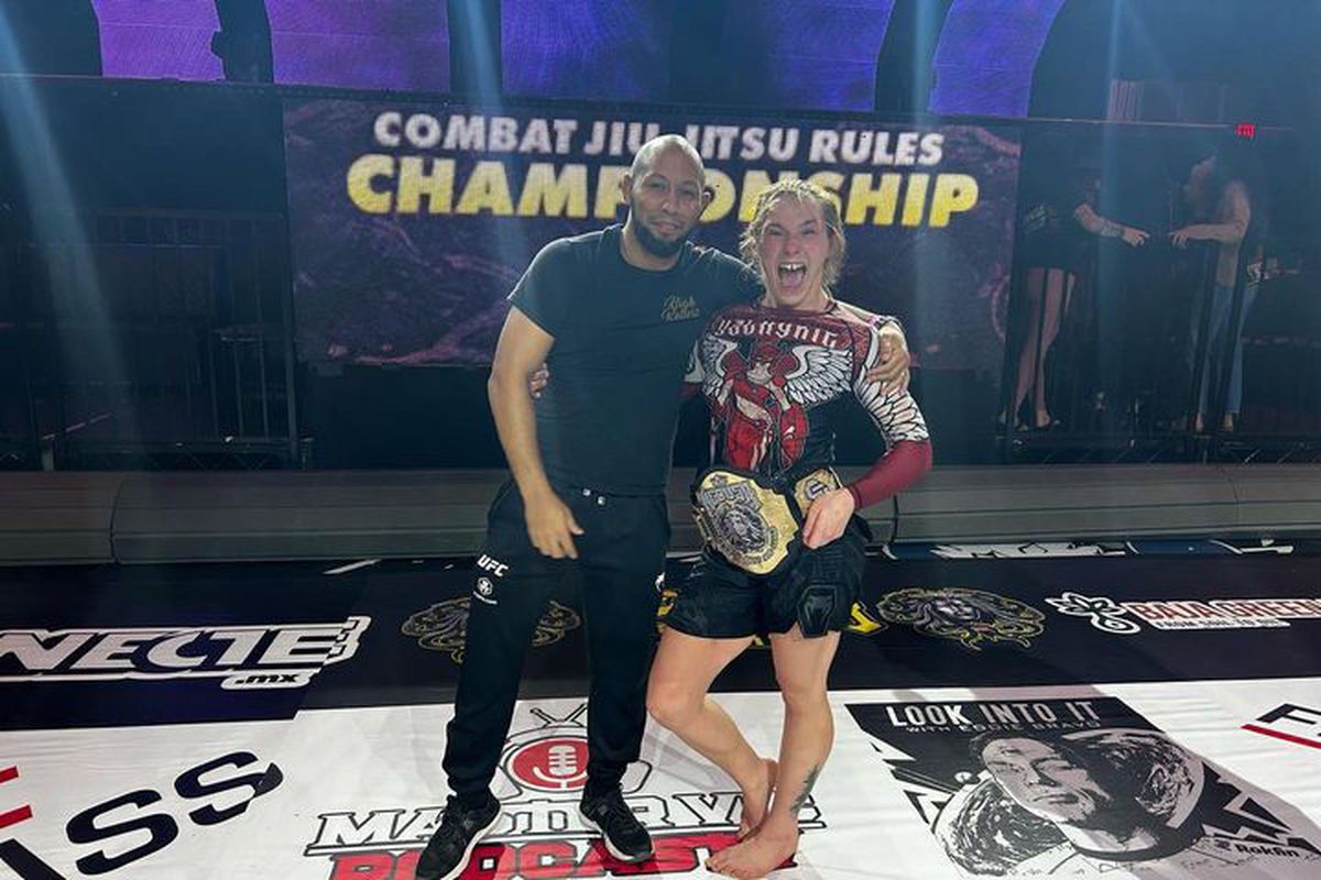 MMA fighter Gillian Noll, who lives part-time in Spokane, celebrates her recently won Medusa bantamweight belt in Hollywood.  (Courtesy of Gillian Noll)
