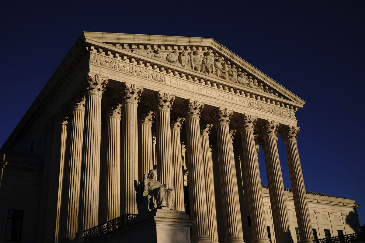 FILE - In this Nov. 2, 2020, file photo the Supreme Court is seen at sundown in Washington.  (J. Scott Applewhite)