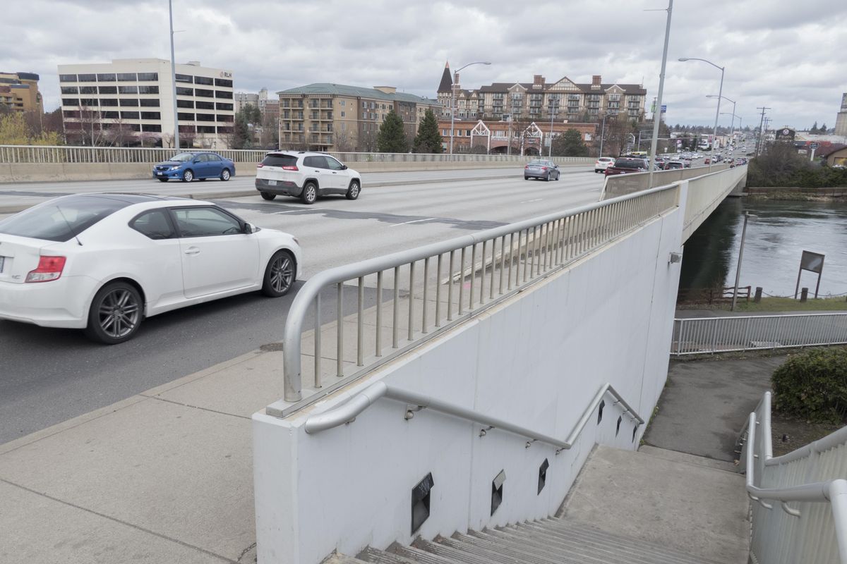 Present day: The six-lane Division Street Bridge, the site of the 1915 structural collapse, is shown Saturday, April 14, 2018 in downtown Spokane. The current bridge was constructed in 1992. (Jesse Tinsley / The Spokesman-Review)