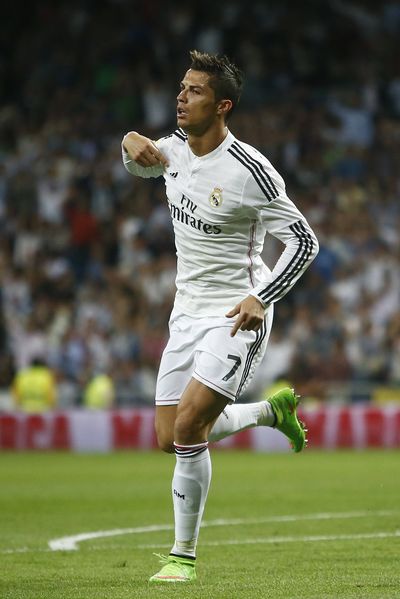 Real Madrid's Cristiano Ronaldo celebrates one of his four goals. (Associated Press)