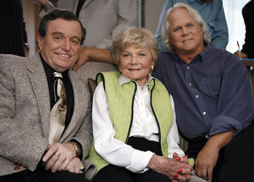 FILE - In this Sept. 27, 2007 file photo, Jerry Mathers, Barbara Billingsley, and Tony Dow, cast of 
