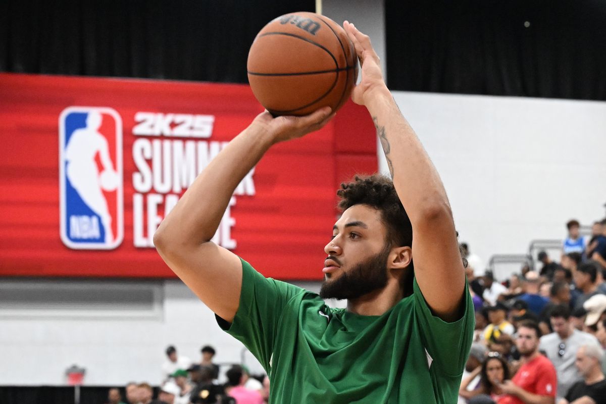 Boston forward Anton Watson (28) warms up against Miami during an NBA Summer League matchup on Saturday,Jul. 13, 2024, at Cox Pavilion in Las Vegas, Nev.  (Tyler Tjomsland/The Spokesman-Review)