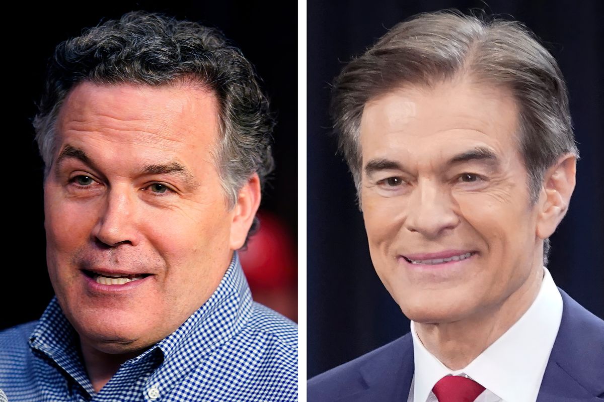 FILE - Pennsylvania Republican Senate candidates David McCormick, left, and Mehmet Oz during campaign appearances in May 2022 in Pennsylvania.  (STF)