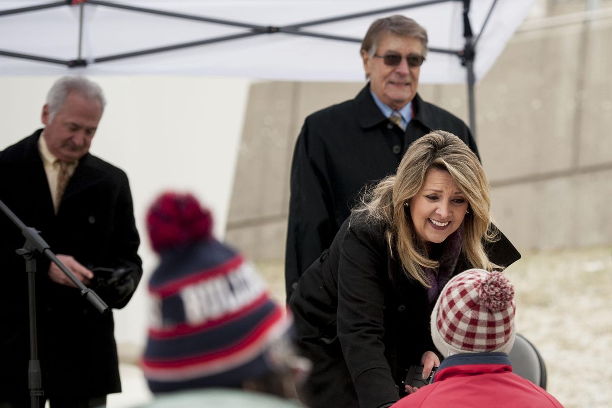 Nadine Woodward greets the crowd after being sworn in as Mayor of Spokane at the U.S. Pavilion in Riverfront Park on Monday, Dec. 30, 2019. (Kathy Plonka / The Spokesman-Review)