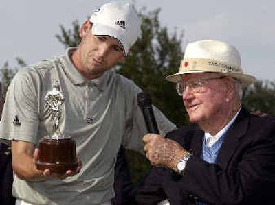 
Sergio Garcia of Spain, left, admires the Byrone Nelson trophy as he stands next to tourney namesake, Byron Nelson. Sergio Garcia of Spain, left, admires the Byrone Nelson trophy as he stands next to tourney namesake, Byron Nelson. 
 (Associated PressAssociated Press / The Spokesman-Review)