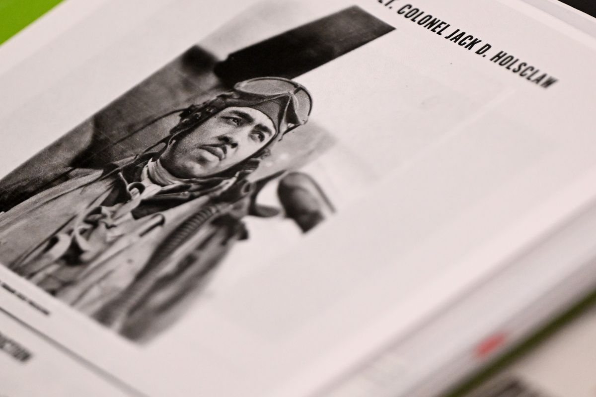 A photo of Lt. Col. Jack Daniels Holsclaw, a Tuskegee Airman, a decorated WWII Combat Air Pilot who grew up in Spokane, is photographed Wednesday before a presentation about him at Spokane Falls Community College in Spokane.  (Tyler Tjomsland/The Spokesman-Review)
