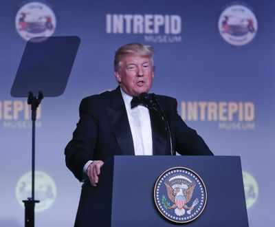 President Donald Trump speaks at a dinner aboard the USS Intrepid, a decommissioned aircraft carrier docked in the Hudson River in New York, Thursday, May 4, 2017. (Pablo Martinez Monsivais / Associated Press)