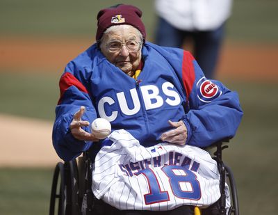 Loyola University Chicago’s Sister Jean throws out a ceremonial pitch prior to the start of the Cubs’ home opening baseball game against the Pittsburgh Pirates Tuesday, April 10, 2018, in Chicago. (Jim Young / Associated Press)