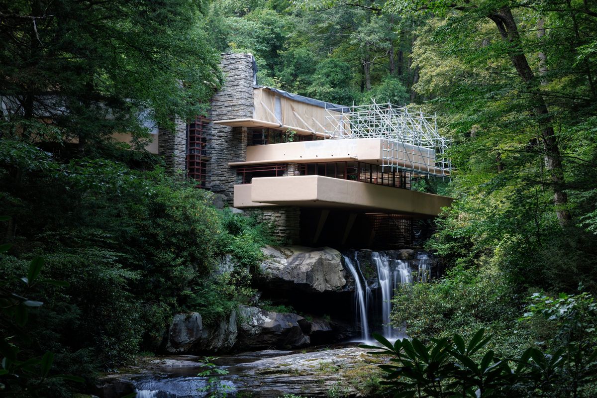 Scaffolding is up and renovations are underway on Fallingwater, the renowned work by Frank Lloyd Wright in Pennsylvania’s Laurel Highlands.  (Quinn Glabicki/For The Washington Post)