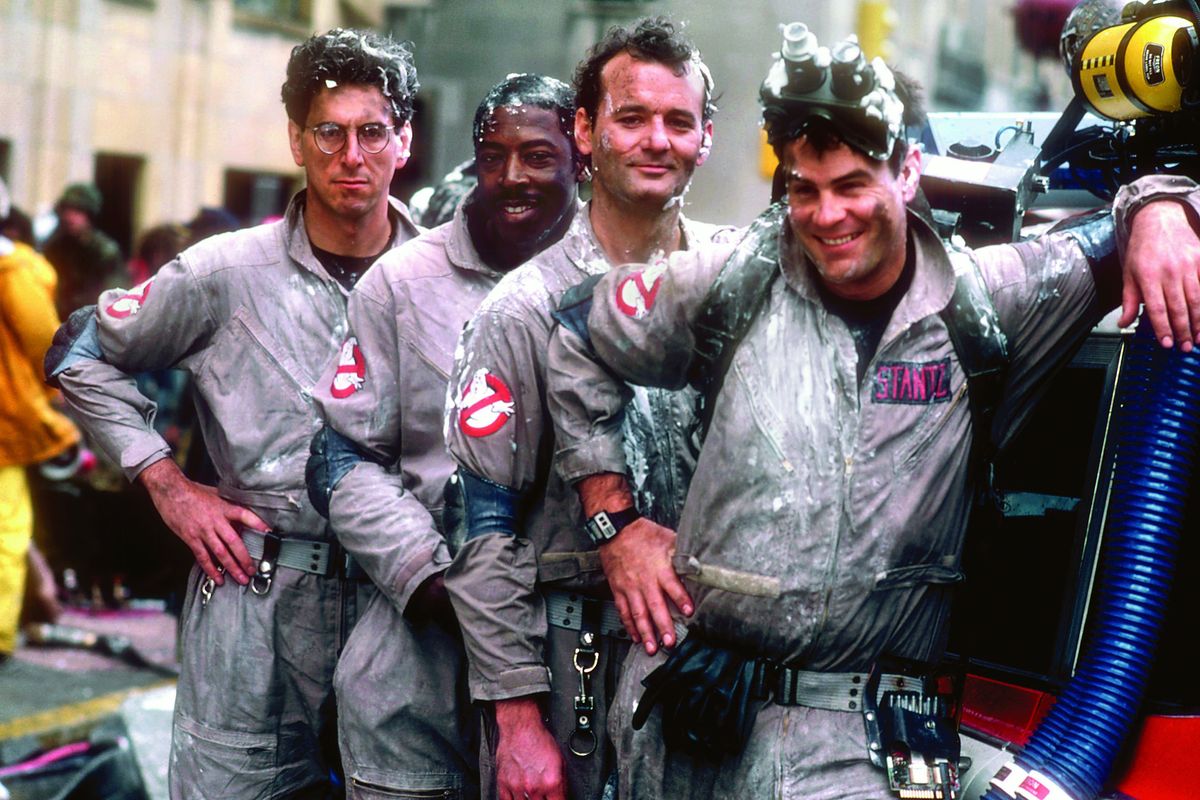 From left, Harold Ramis, Ernie Hudson, Bill Murray and Dan Aykroyd in “Ghostbusters.”  (Columbia Pictures)