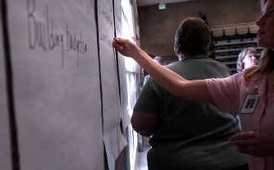 
Community members place stickers Tuesday next to what they deem most important in the Post Falls School District's budget. The district has enlisted community members' help for years. 
 (Kathy Plonka / The Spokesman-Review)