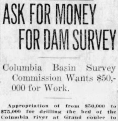 Talks began on what would become the Grand Coulee Dam in this January 1921 news clipping.  (Spokane-Review photo archives )