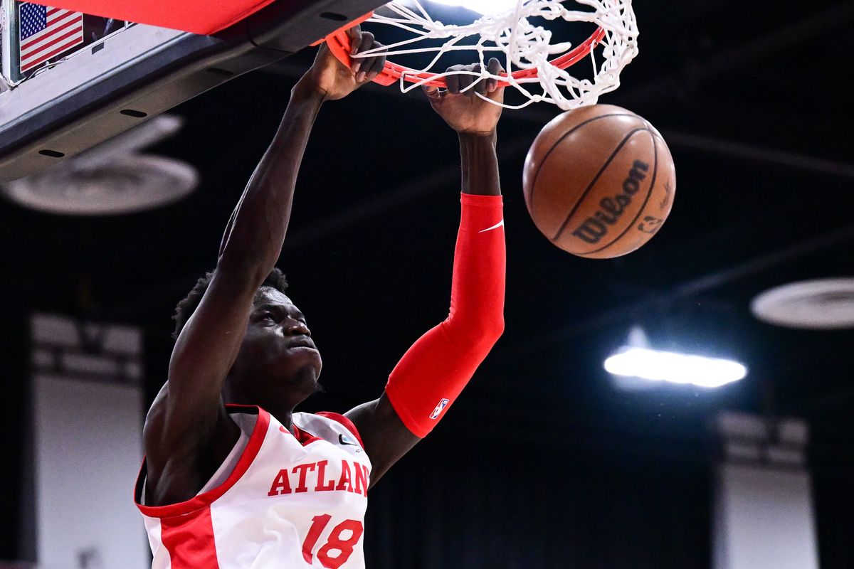 Atlanta Hawks forward Mouhamed Gueye, a former Washington State star, dunks during an NBA Summer League game on July 7 at Cox Pavilion in Las Vegas.  (Tyler Tjomsland/The Spokesman-Review)