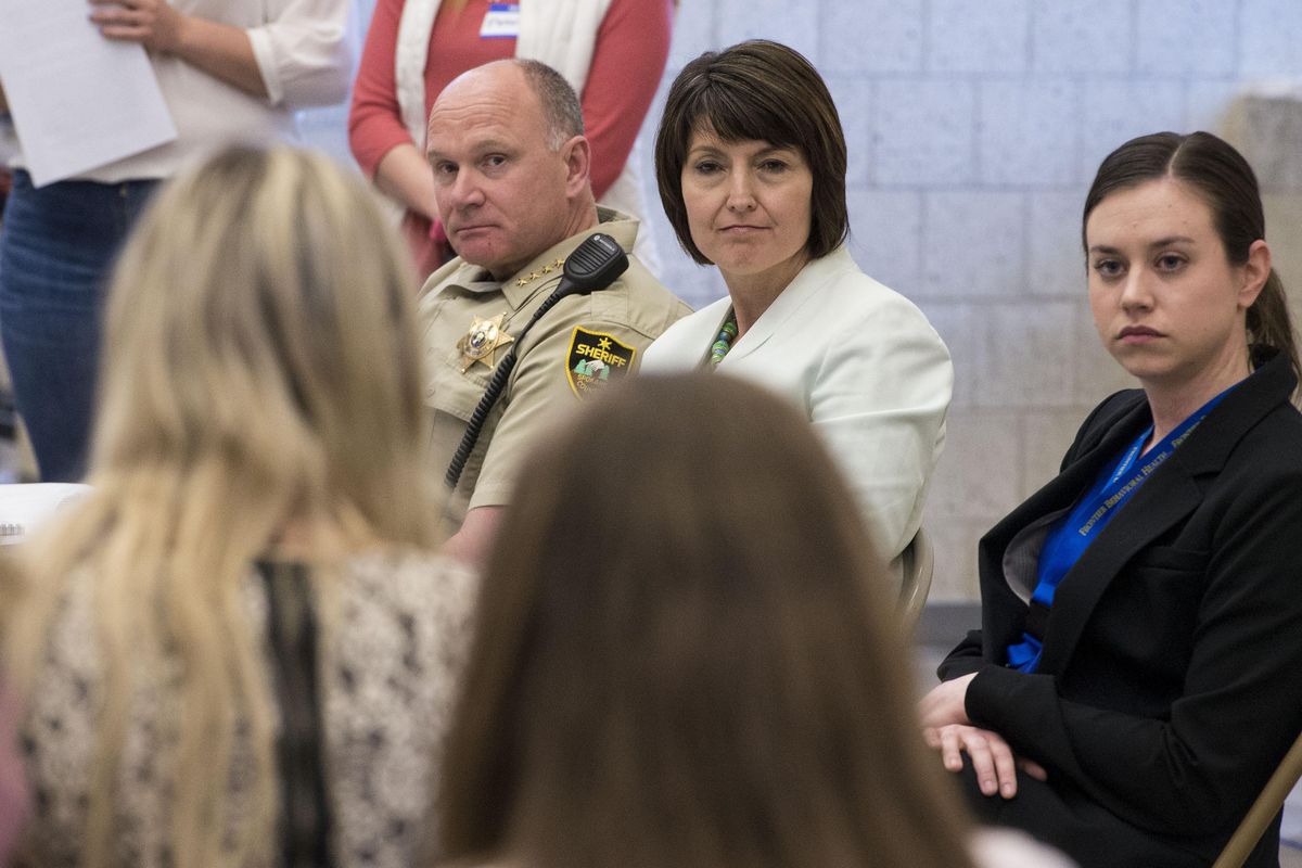 Spokane County Sheriff Ozzie Knezovich, U.S. Congresswomen Cathy McMorris Rogers and Jamie Yotz, a mental health counselor with Frontier Behavioral Health, answer students’ questions during a School Safety Youth Forum sponsored by Chase Youth Commission on Thursday at Ferris High School. (Colin Mulvany / The Spokesman-Review)