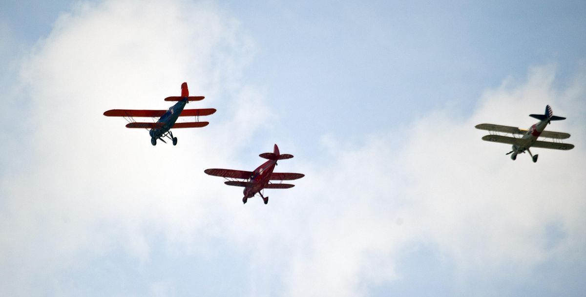 Addison Pemberton is flying in one of these three vintage airplanes from Felts Field to Autnies Bookstore and back on Saturday, August, 17, 2019.. The book store is hosting a book signing by local author J.B. Rivard to discuss his new book, "Low on Gas High on Sky" about the flight of the Spokane Sun God. Kathy Plonka/THE SPOKESMAN-REVIEW (Kathy Plonka / The Spokesman-Review)