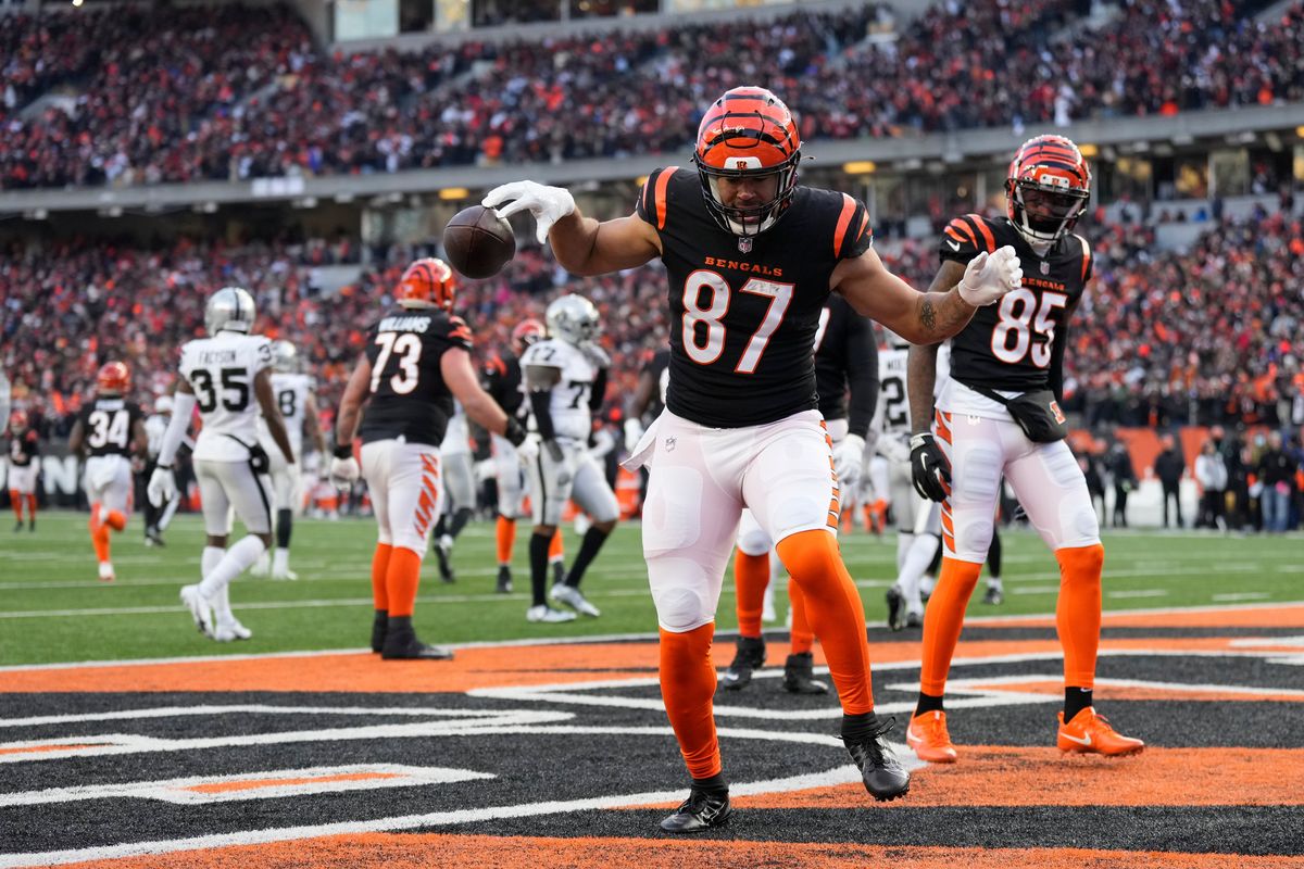 Cincinnati Bengals' C.J. Uzomah (87) celebrates a touchdown catch during the first half of an NFL wild-card playoff football game against the Las Vegas Raiders, Saturday, Jan. 15, 2022, in Cincinnati.  (AJ Mast)