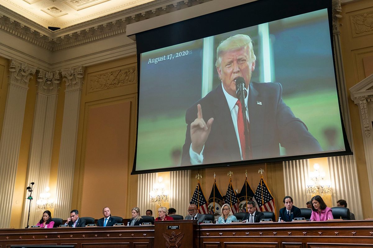 A video of former President Donald Trump is displayed on a screen during a hearing of the House Select Committee to Investigate the Jan. 6 attack, in the Cannon House Office Building on Monday, June 13, 2022, in Washington, D.C. (Kent Nishimura/Los Angeles Times/TNS)  (Kent Nishimura/Los Angeles Times/TNS)