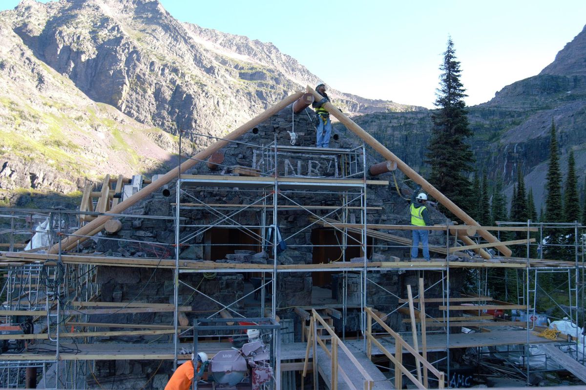 Construction workers during phase two of construction on Sperry Chalet. (Renee Noffke, Glacier Conservancy / Courtesy)