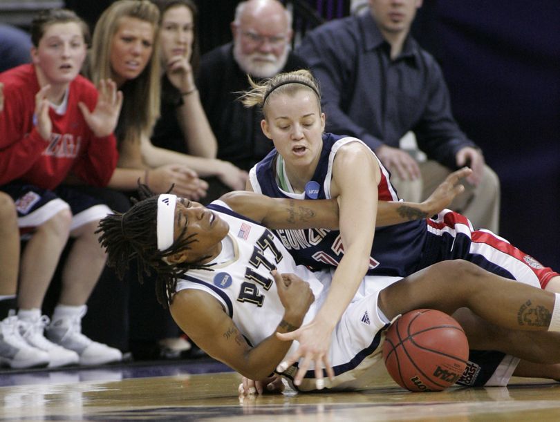 ORG XMIT: WAJF101 Pittsburgh's Shavonte Zellous, left, and Gonzaga's Janelle Bekkering vie for a loose ball during the first half in Seattle on Monday, March 23, 2009, in a second-round women's NCAA college basketball tournament game. (AP Photo/John Froschauer) (John Froschauer / The Spokesman-Review)