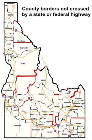 Map showing how many county lines in Idaho aren't crossed by highways