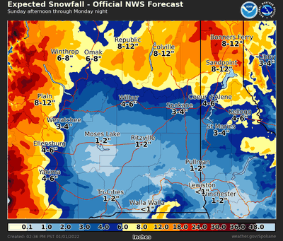 Spokane could see up to four inches of snow between Sunday and Monday night, according to the National Weather Service.   (Courtesy of National Weather Service)