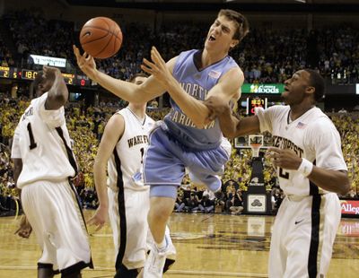 North Carolina’s Tyler Hansbrough, center, struggled against Wake Forest.  (Associated Press / The Spokesman-Review)
