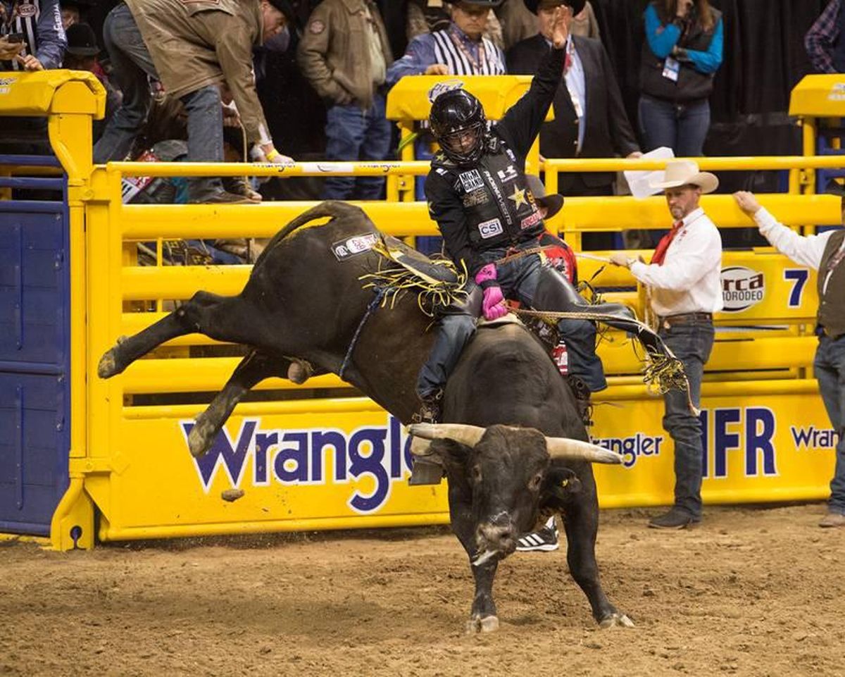 Shane Proctor, originally of Grand Coulee, Washington, took second in bull riding in the first round. (Kirt Steinke Western Rodeo Images)