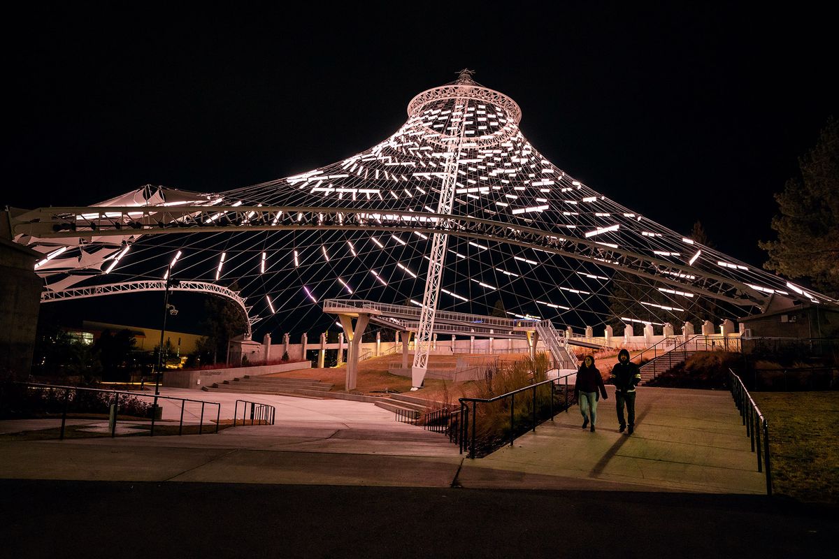 LED panel lights shine bright on the U.S. Pavilion in Spokane’s downtown Riverfront Park on Jan. 19.  (COLIN MULVANY/THE SPOKESMAN-REVIEW)