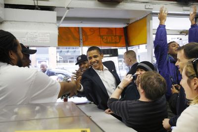President-elect Barack Obama stops to eat Saturday  at Ben’s Chili Bowl with Washington, D.C., Mayor Adrian Fenty.  (Associated Press / The Spokesman-Review)