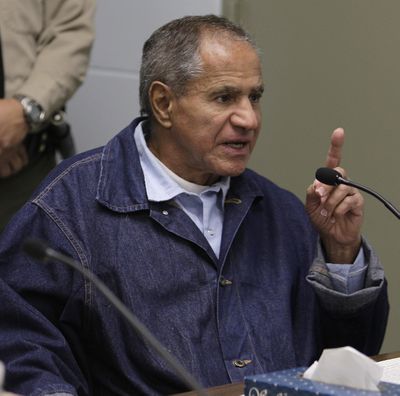 Sirhan Sirhan, 66, convicted of assassinating Sen. Robert F. Kennedy in 1968, gestures during a Board of Parole Suitability Hearing Wednesday, March 2, 2011, at the Pleasant Valley State Prison in Coalinga, Calif. A panel of two California parole board commissioners denied parole to Sirhan.  (Ben Margot)
