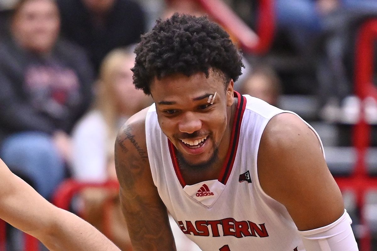 Eastern Washington guard Tyreese Davis smiles during an Eagles free-throw attempt against North Dakota State Dec. 3 in Cheney.  (James Snook/For The Spokesman-Review)