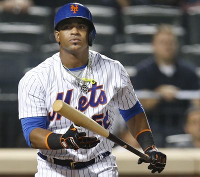 FILE - In this Sept. 20, 2016, file photo, New York Mets' Yoenis Cespedes reacts after striking out swinging for the final out in the Mets' 5-4 loss to the Atlanta Braves in a baseball game in New York. The outfielder agreed to a $110 million, four-year contract with New York on Tuesday. (Kathy Willens / Associated Press)