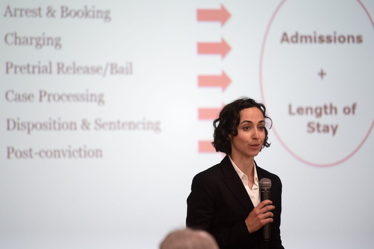 Spokane Regional Law and Justice Administrator Maggie Yates speaks at a community forum about the future of the Spokane County Jail on May 21, 2019, at Spokane’s Northeast Community Center.  (COLIN MULVANY/THE SPOKESMAN-REVIEW)
