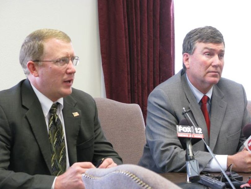 House GOP leaders Ken Roberts, majority caucus chairman, left, and Scott Bedke, assistant majority leader, right, speak at a press conference Wednesday afternoon about the House's plan to unilaterally adjourn. (Betsy Russell / The Spokesman-Review)