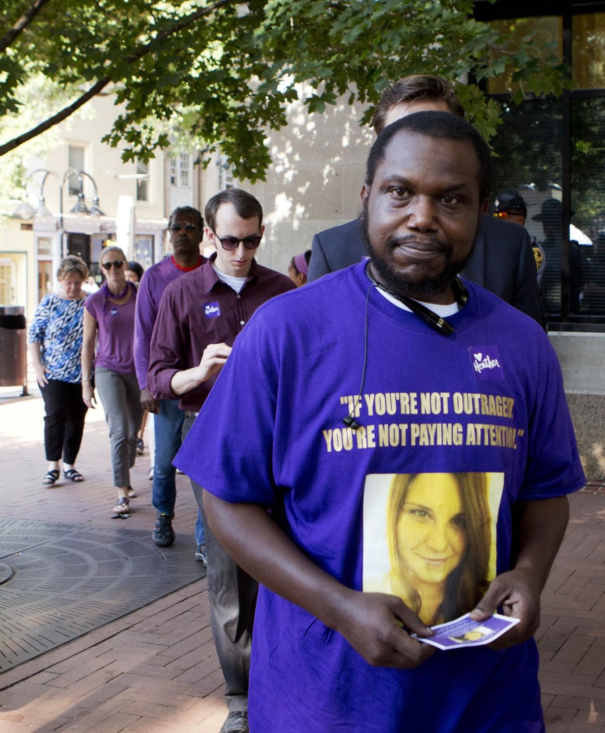 Friend of Heather Heyer, Justin Scott, 33, waits to enter her memorial service for Heather Heyer at the Paramount Theater, Wednesday, Aug. 16, 2017 in Charlottesville, Va. (Julia Rendleman / Associated Press)