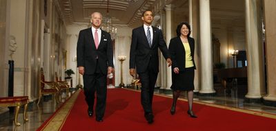 President Barack Obama and Vice President Joe Biden walk to the East Room of the White House with Obama’s Supreme Court choice, Sonia Sotomayor, in Washington on Tuesday.  (Associated Press / The Spokesman-Review)