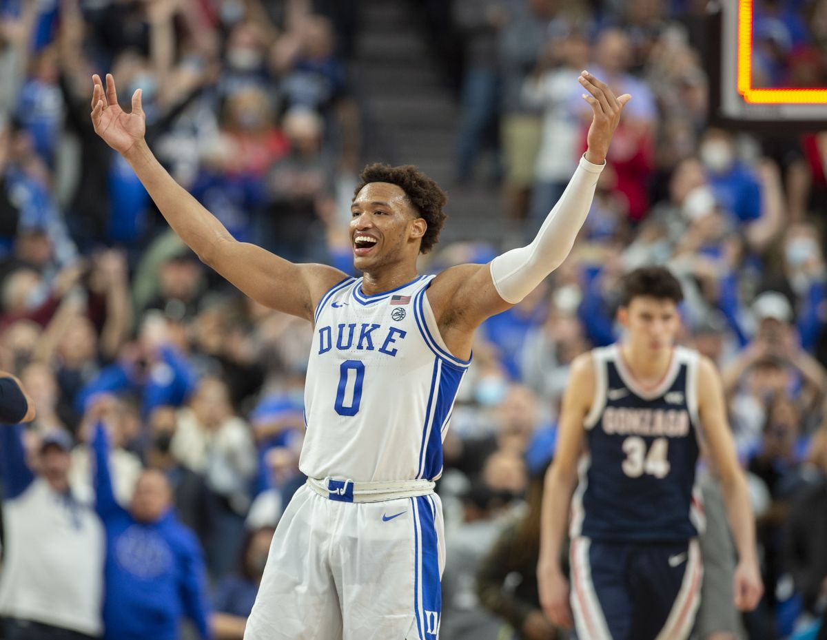 Duke’s Wendell Moore Jr. raises his hands as ther clock runs out on the win over Gonzaga in the Continental Tire Challenge Friday, Nov. 26, 2021 at T-Mobile Arena in Las Vegas, Nevada. At right is Gonzaga