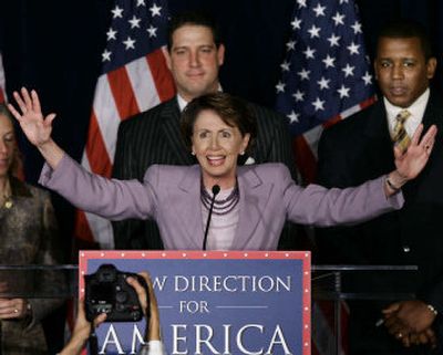 
House Minority Leader Nancy Pelosi, D-Calif., fires up fellow Democrats at an election night rally in Washington, D.C. She is joined, left to right, by Rep. Tim Ryan, D-Ohio, and Rep. Kendrick Meek, D-Fla.
 (Associated Press / The Spokesman-Review)