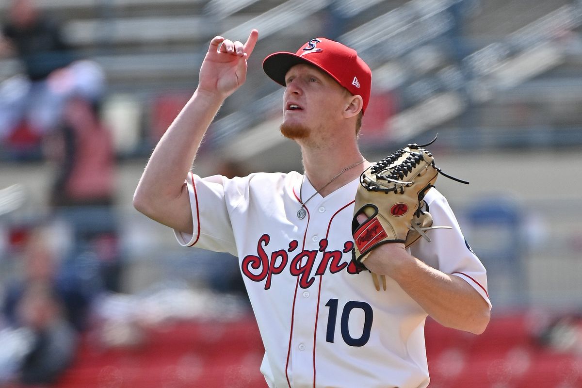 Spokane Indians pitcher Shelby Lackey (10) comes in for relief during game against the Eugene Emeralds at Avista Stadium on Sunday May 8, 2022 in Spokane WA.  (James Snook/For The Spokesman-Review)