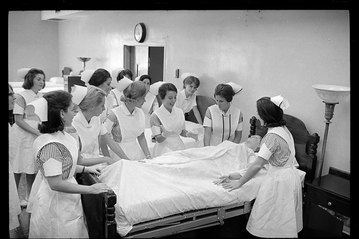 Nursing students train with a mannequin at Georgetown University in Washington, D.C., in 1964. Today there are more than 5 million nurses in the U.S. National Nurses Week and International Nurses Day, both in May, honor those who have chosen the profession.  (Library of Congress)
