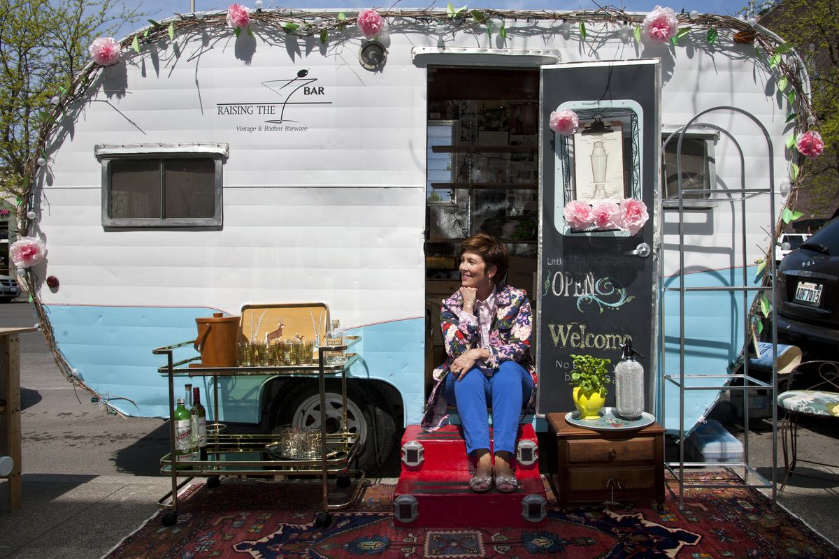 Renee Cebula parks her Raising the Bar travel trailer in front of 400 W. Main Ave. in Spokane on May 1. (Dan Pelle)