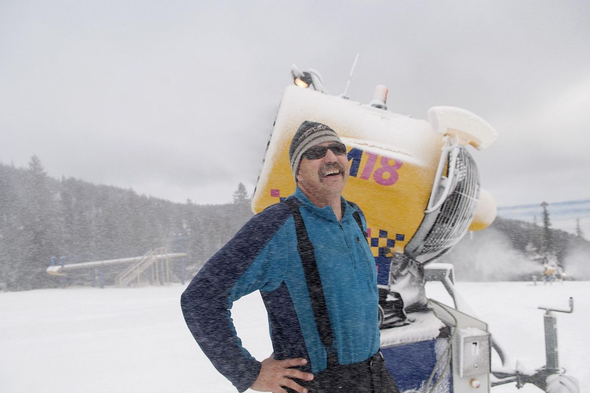 Schweitzer Mountain Resort grooming manager Dave Rowe talks about the use of snow-making machines at the ski resort in Sandpoint, Idaho on Wednesday, Dec. 2, 2015. (Kathy Plonka / The Spokesman-Review)