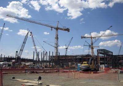 Construction continues on a waste treatment plant at the Hanford Nuclear Reservation, shown Monday. The plant should be 50 percent complete by early fall.  (Associated Press / The Spokesman-Review)