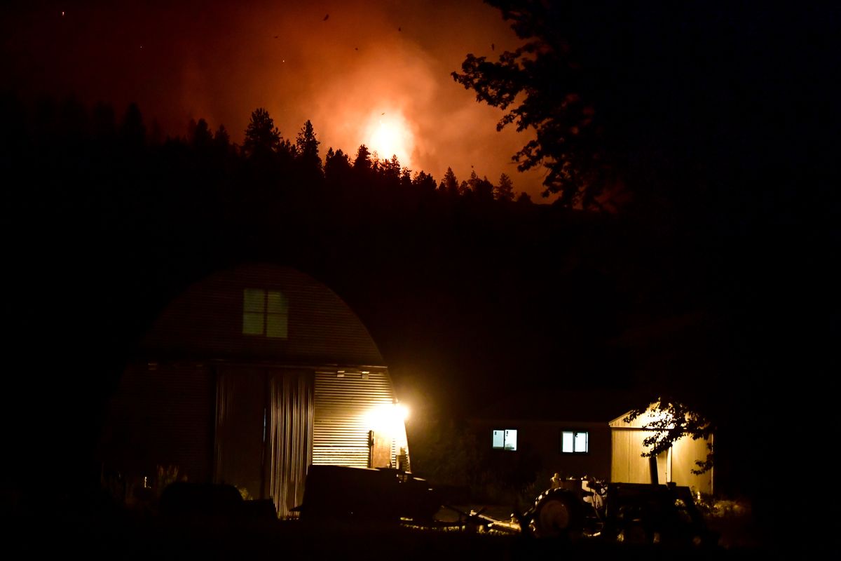 Trees crown as the Goddard Fire burns in the hills behind a farm off of Pleasant Valley Road early Saturday, July 17, 2021, north of Rice, Wash.  (Tyler Tjomsland/The Spokesman-Review)