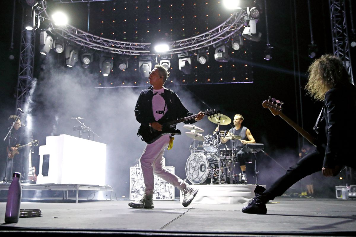 Kryz Reid, left to right, Stephan Jenkins, Brad Hargreaves and Alex LeCavalier of Third Eye Blind perform onstage during Concerts In Your Car’s Third Eye Blind Drive-In Concert at Ventura County Fairgrounds and Event Center on July 25, 2020, in Ventura, Calif.  (Getty Images)