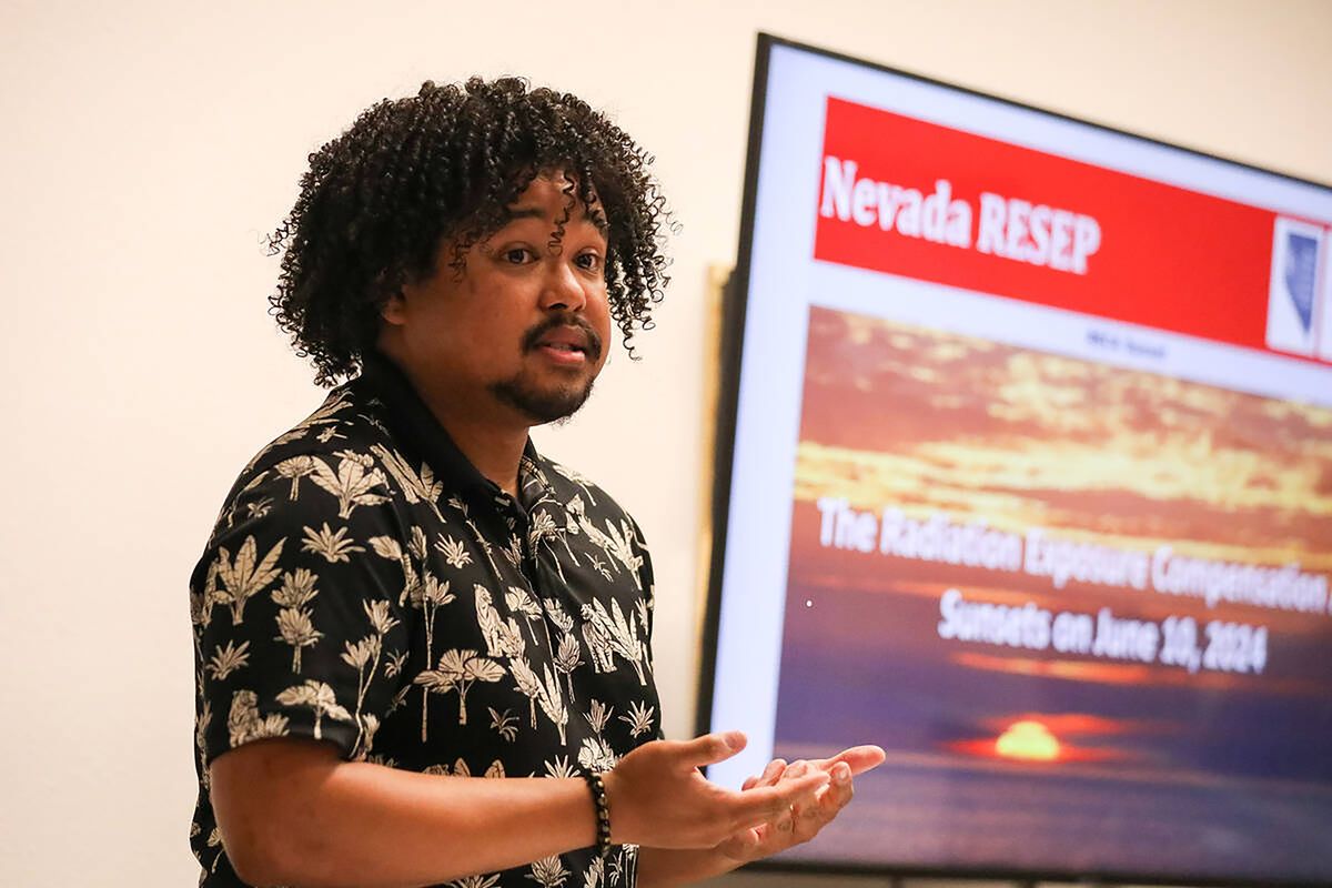 Drewmel Darby, eligibility coordinator for Nevada RESEP, addresses a crowd of people at a downwinders information session hosted by the Nevada Radiation Exposure Screening and Education Program on Saturday, July 8, 2023, in Las Vegas.   (Daniel Pearson/Las Vegas Review-Journal/TNS)