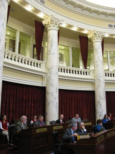 The Idaho Senate deliberates during a floor session. Among bills senators passed on Thursday was HB 422, to eliminate an archaic law making it a crime for a prosecutor or law enforcement officer to not prosecute 