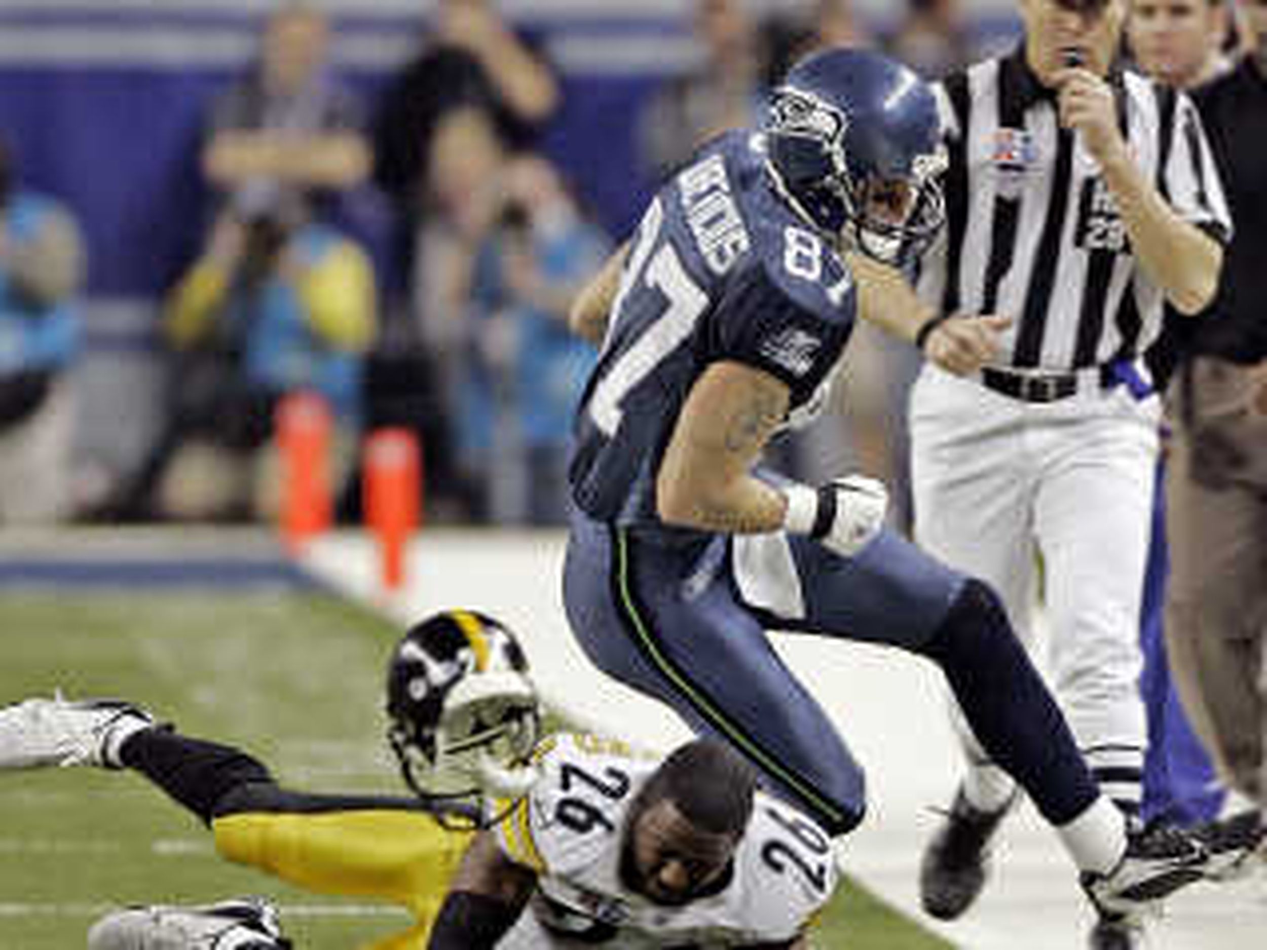 Seattle Seahawks wide receiver Joe Jurevicius celebrates a first