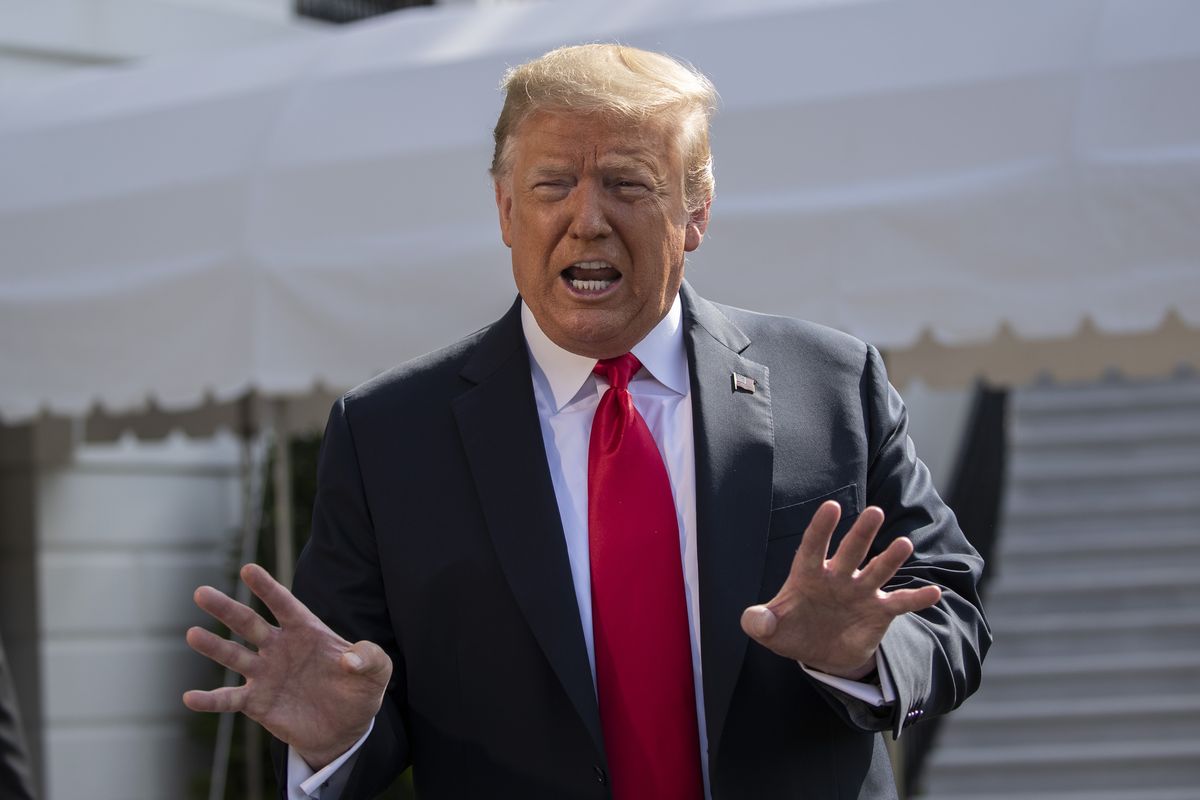 President Donald Trump speaks with reporters before departing on Marine One on the South Lawn of the White House, Tuesday, June 23, 2020, in Washington.  (Alex Brandon)